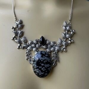 VTG Artisan Pendant Necklace‎ 15" Snowflake Obsidian Floral 925 Sterling 30.7g